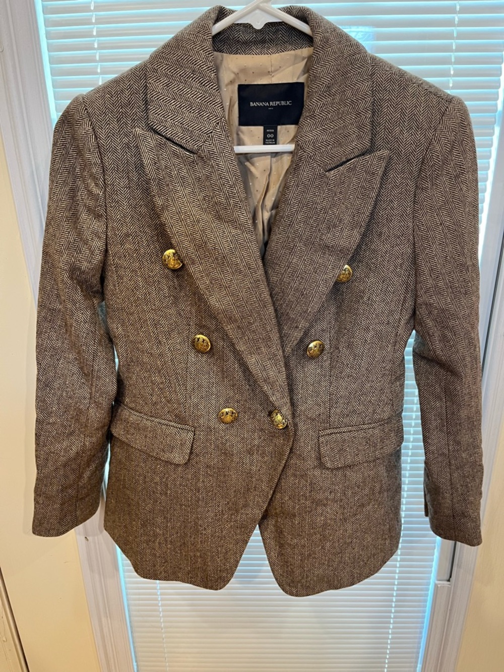 Banana Republic Brown Herringbone Double-Breasted Blazer with Gold Buttons